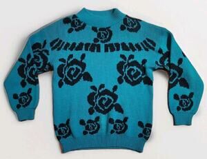 Vintage Adele Knitwear Sweater Rose Floral Teal Black USA Womens M/L 90s Y2K